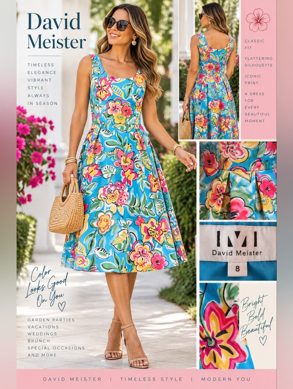 David Meister Y2K Tropical Floral Fit Flare Dress 8 Cotton Pique #A2
